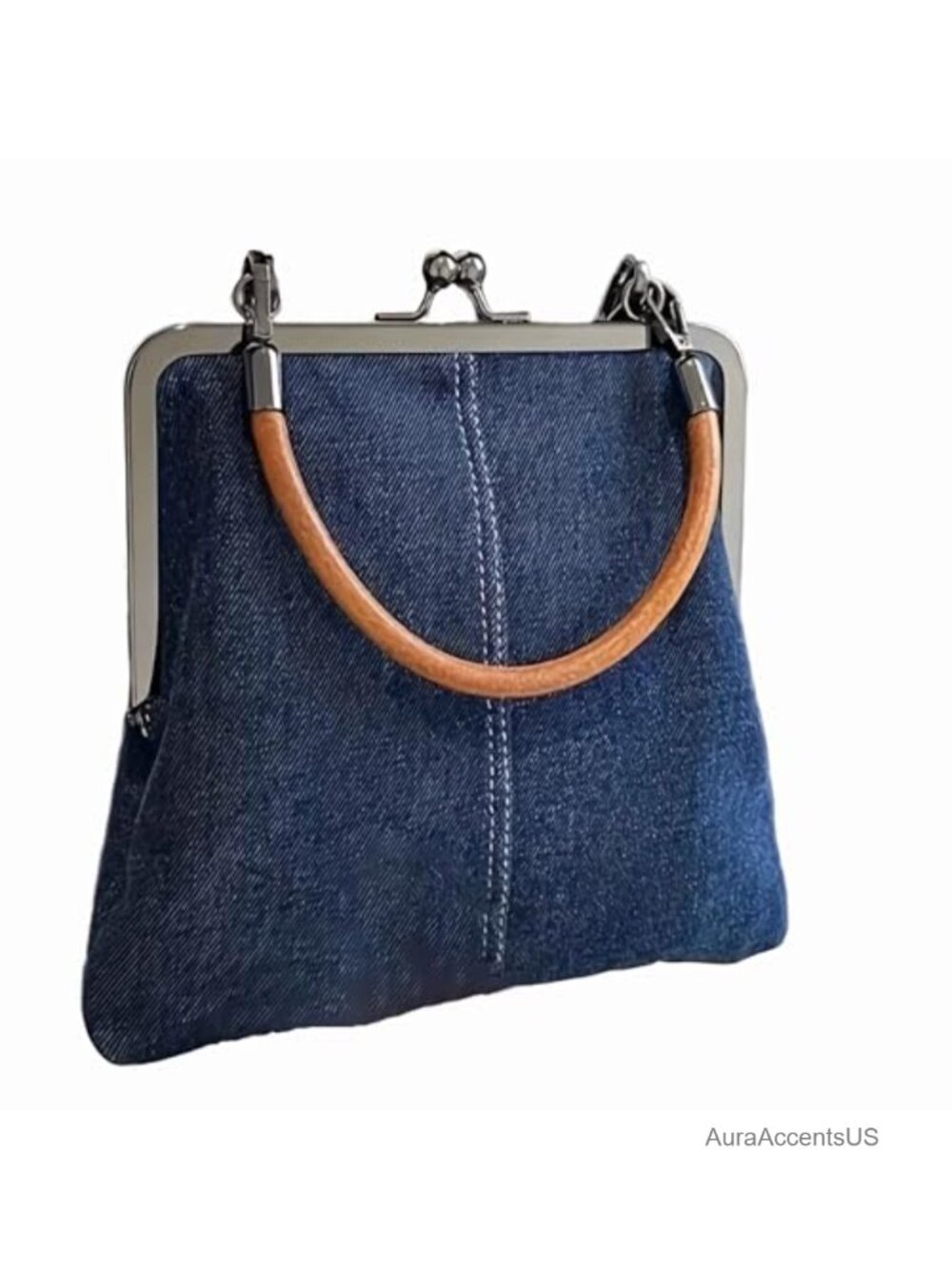 Mini Denim Crossbody Tote Bag with Kiss Lock Closure for Women